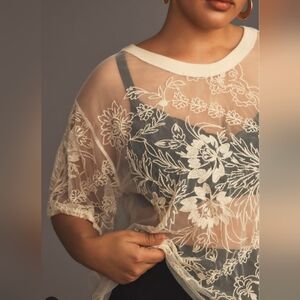 NWT By Anthropologie Cream Embroidered Sheer Top